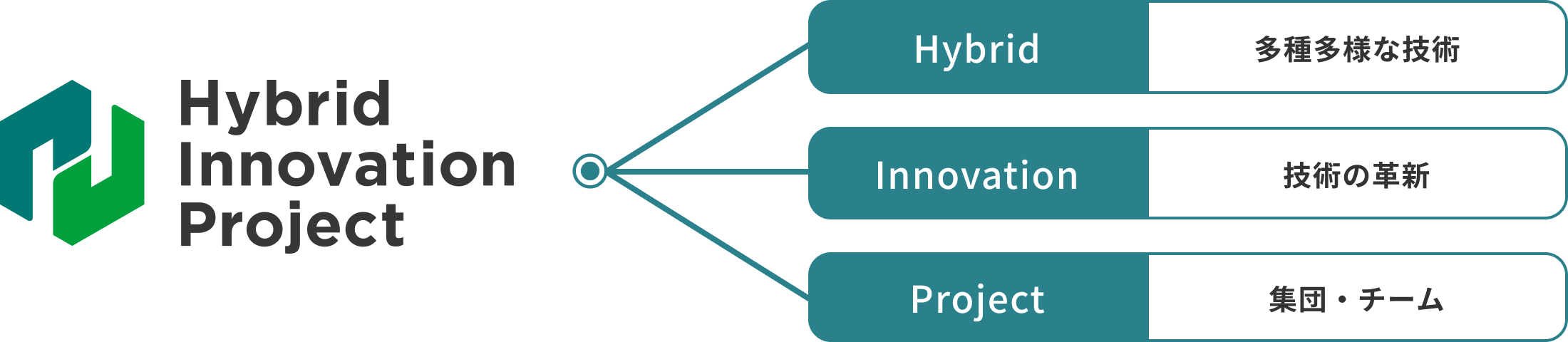 Hybrid Innovation Projectは、Hybridが「多種多様な技術」、Innovationが「技術の革新」、Projectが「集団・チーム」を意味します。
